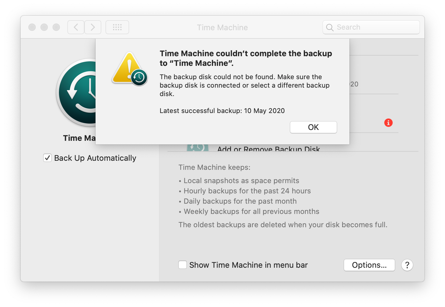 Screenshot of the Time Machine error on macOS