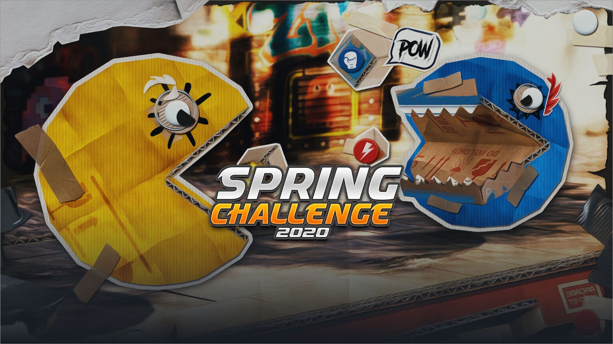 Cover picture for CodinGame Spring Challenge 2020. There is one yellow Pacman and one blue Pacman fighting against each other