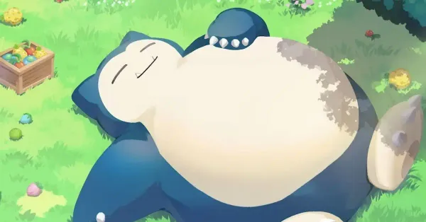 A big Pokemon (Snorlax) happily sleeping in the grass under the sun.